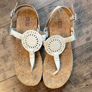 White UGG Cork and Leather T-Strap Sandals, size 6.5
